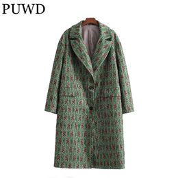 Damesjassen PUWD VINTAGE VROUWEN Loose Button V Hals Coat Spring Fashion Ladies Groene zakken Casual Lange vrouwelijke chique uitloper 221007