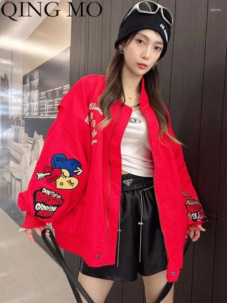 Chaquetas de mujer Qing Mo Abrigo de béisbol rojo Mujeres Bordadas Industria pesada Europea Tamaño grande Street Lazy Chic Chaqueta ZXF4422