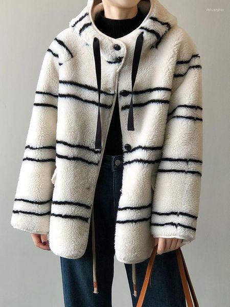 Chaquetas de mujer QOERLIN con capucha de lana de cordero de peluche para mujer 2023 invierno cálido moda coreana abrigo peludo a rayas abrigo de felpa con bolsillo para mujer