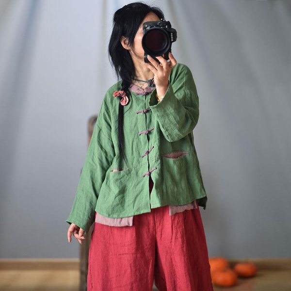 Chaquetas de mujer QPFJQD algodón lino Vintage cuello redondo manga larga de un solo pecho 2023 otoño primavera mujeres abrigos de estilo chino