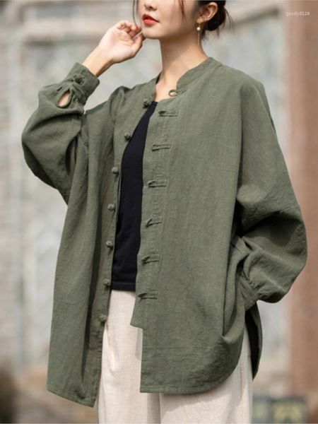Vestes pour femmes QPFJQD femme rétro lin manteaux amples bouton debout automne printemps vêtements 2023 femmes Style chinois couleur unie