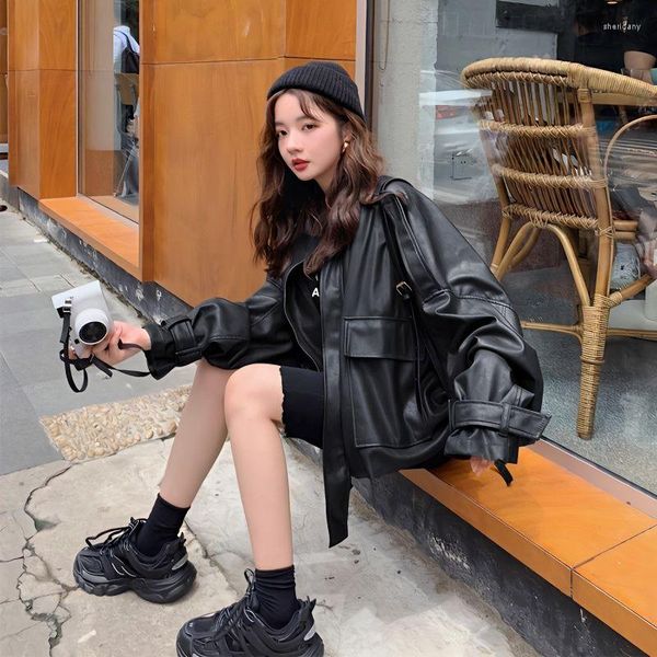 Vestes Femmes QWeek Veste en cuir noir Style coréen Oversize Cropped Streetwear Automne 2023 Mode Femmes Vinatge Harajuku Femme Manteau