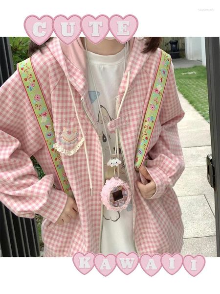 Vestes Femmes Qweek Japonais Y2K Mignon Rose Veste Femmes Harajuku Kawaii Plaid Zip Up Sweat À Capuche Surdimensionné Lolita Girly Coréen À Capuche