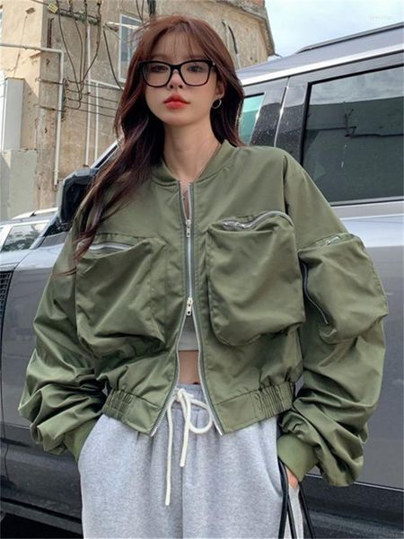 Chaquetas de mujer QWEEK estilo coreano Bomber mujer Streetwear Vintage verde Zip Up prendas de vestir exteriores mujer Hip Hop Harajuku Retro negro Crop Top