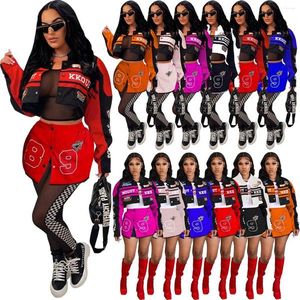 Vestes pour femmes Racing Manteaux Varsity détachables Lettre imprimée boutonnée Bomber 2023 Automne Hiver Streetwear Fitness Jupe Ensemble assorti