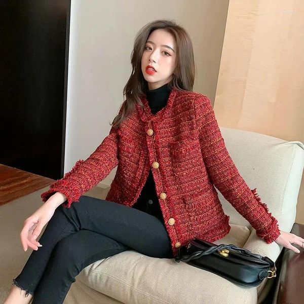 Vestes Femmes Rouge Gros Tweed Court 2024 Femme Automne Hiver Coréen Dames Manteaux Simple Boutonnage Tempérament Pardessus Top