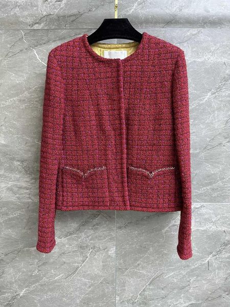 Vestes pour femmes Manteau à carreaux rouge Col rond Design Double poche Chaîne en cuir embellie avec un schéma de couleurs vintage 8.9