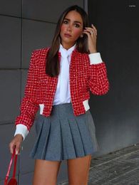 Vestes pour femmes rouge Plaid col montant haut court manteau à manches longues simple boutonnage élégant dame veste Chic décontracté Streetwear
