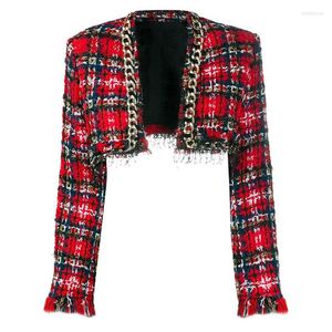 Damesjassen Red Plaid Tweed Short Open Stitch Coat Vrouw 2022 Spring Design Chain Tassel Pailletten Women Hoge kwaliteit