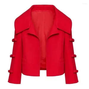 Damesjassen Red Short Cardigan Bow Jacket Coat 2024 Springontwerper Hollow Split Three Quarter Sleeve Women