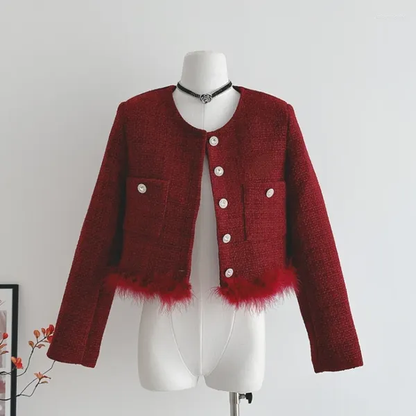 Chaquetas de mujer Chaqueta de costura de plumas de fragancia pequeña roja Otoño Invierno Moda Dulce Lujo Manga larga Tweed blanco Abrigos acolchados