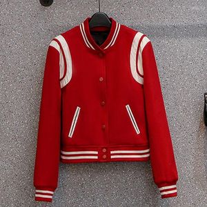 Vestes pour femmes Rouge Laine Baseball Femmes Surdimensionné Casual Lâche Bomber Manteaux Courts Épissé Rétro Noir Coréen Mélange De Laine À Manches Longues