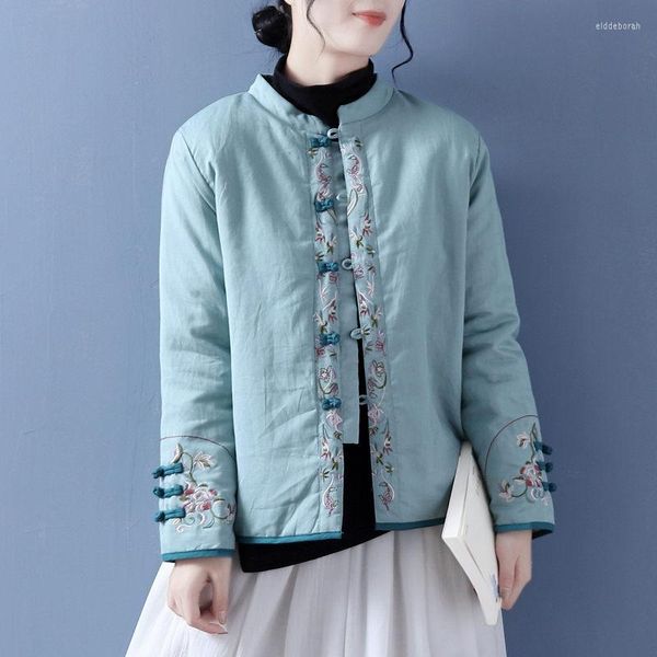 Vestes pour femmes rétro coton et lin veste brodée Style ethnique femmes col montant boucle chinois couette manteau dames automne hiver