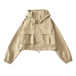 Vestes pour femmes rétro coupe ajustée veste de sport à capuche recadrée Style Safari manteaux vêtements d'extérieur couleur unie col rond