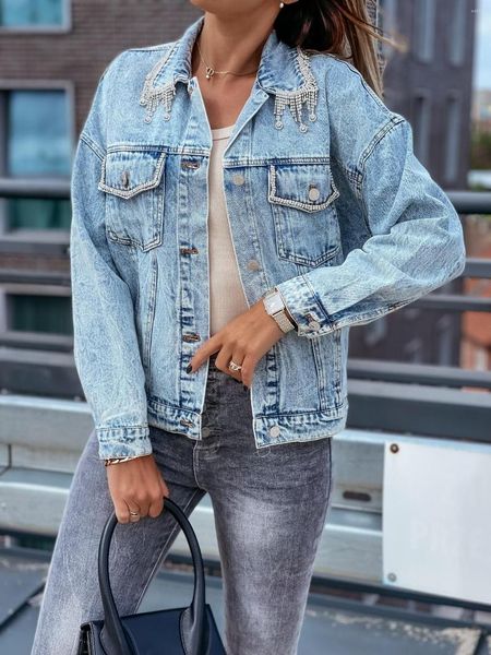 Femmes Vestes Rétro Spliced Strass Denim Manteau Dames À Manches Longues Simple Poitrine Lavé Veste Femmes Mode Casual Bleu Clair Cowboy