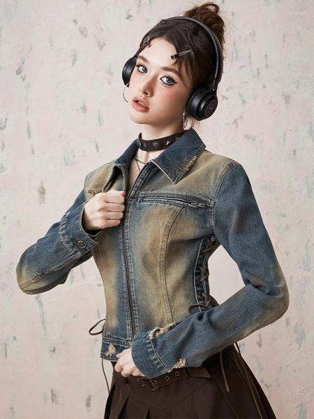 Jackets de mujeres de mujer Retro Washed Distaded Leede Strap Dephinim Dephing para 2024 Spring Slim Fit and Slimming Top