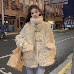 Damesjassen Rimocy Koreaanse stijl lamswol dames 2024 all-match losse harige jas damesmode streetwear zakken pluche jassen