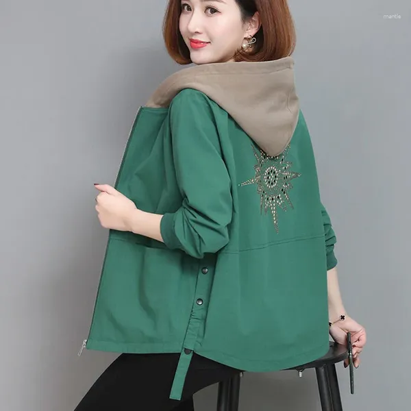 Chaquetas de mujer Rimocy Primavera Otoño Verde suelto para mujeres Bolsillo Casual Manga larga Cortavientos Mujer Cremallera Abrigos con capucha Damas