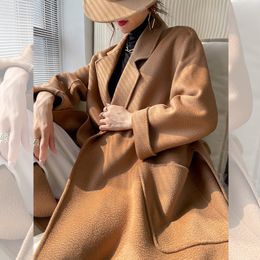 Vestes pour femmes ondulant manteau de laine automne hiver haute qualité double face grande poche longue cape couleur unie coupe-vent 230223