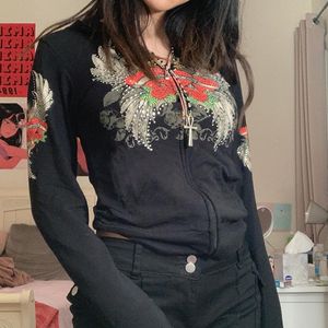 Vestes Femmes Rose Imprimer Y2K Kawaii Strass Zipper Sweats à capuche Grunge Manches longues Manteau court Vintage Printemps Automne Femmes Vêtements