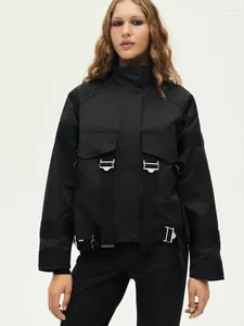 Vestes pour femmes RR2784 Bomber noir imperméable pour femmes Boutique officielle Contraste Col haut Manches longues avec bandes assorties Manteau