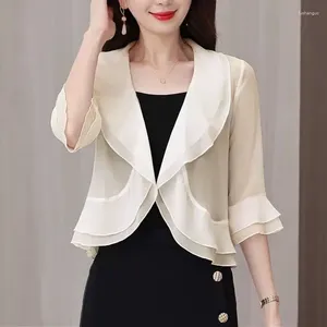 Damesjassen ruche rand chiffon sjaal short jacket voor 2024 lente zomer zonbescherming baarmoeder dunne veelzijdige jas top