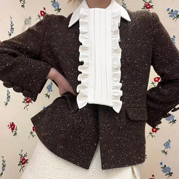 Chaquetas de mujer con volantes desmontable cubierto de lana marrón negro Blazer marca de moda chaqueta con hebilla abrigo de mujer 2024 Otoño/Invierno