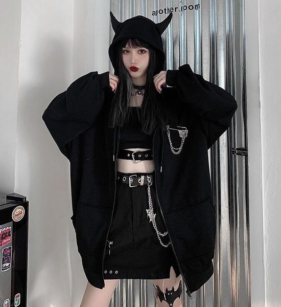 Vestes Femmes Ruibbit Printemps Automne Femmes Harajuku Punk Gothique Filles Noir Diable Corne Sweats À Capuche Sweat À Capuche Japonais Hip Plus Taille