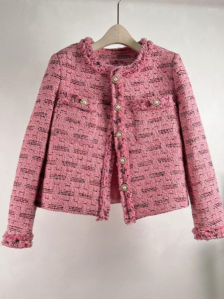 Chaquetas de mujer, ropa coreana de pasarela de otoño, de un solo pecho, de lujo, elegante, de lana, Tweed, elegante, ajustada, de gama alta, prendas de vestir rosas, Casacos