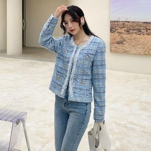 Dames Jackets Runway Fall Winter Chic ol Work Wear Wollen Tweed Plaid Jacket Dames Sweet Luxury Blue Coats vrouwelijke Outerwear Casacos