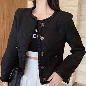 Damesjassen Runway Fall Winter French Pocket Desgin Luxury Black Tweed Jacket Wool High End O Neck Coat Top Casaco Outwear