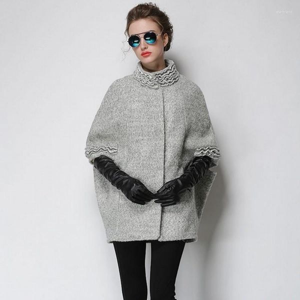 Vestes pour femmes vente automne hiver femmes chauve-souris cape manteaux volants col montant demi manches femme longueur moyenne grande taille