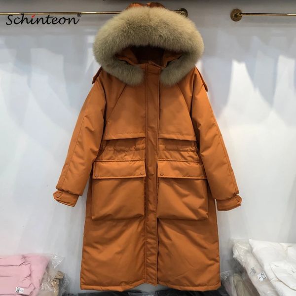 Vestes Femmes Schinteon Femmes Blanc Canard Down Longue Veste avec 100 Véritable Capuchon De Fourrure Chaud Épais Automne Hiver Outwear Grandes Poches Manteau 231123