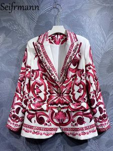 Vestes pour femmes Seifrmann haute qualité printemps femmes créateur de mode veste à manches longues cristal rouge blanc porcelaine imprimer manteaux courts