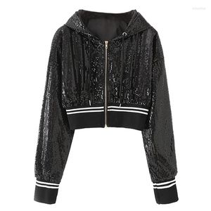 Vestes Femme Sequin Veste À Capuche Femme Manches Longues Rose Argent Noir Mince Court Outwear Manteau Streetwear Printemps Chic Mode Femme