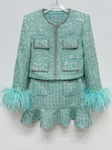 Vestes pour femmes, paillettes strass décoration manteau manchettes plume vert Tweed élégant printemps 2024 col rond veste courte