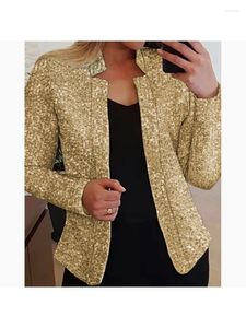 Vestes Femmes Paillettes Brillant Femmes Veste Pour Femme Élégante Couleur Or Col Montant Manteau À Manches Longues 2024 Automne Lady Vintage Streetwear