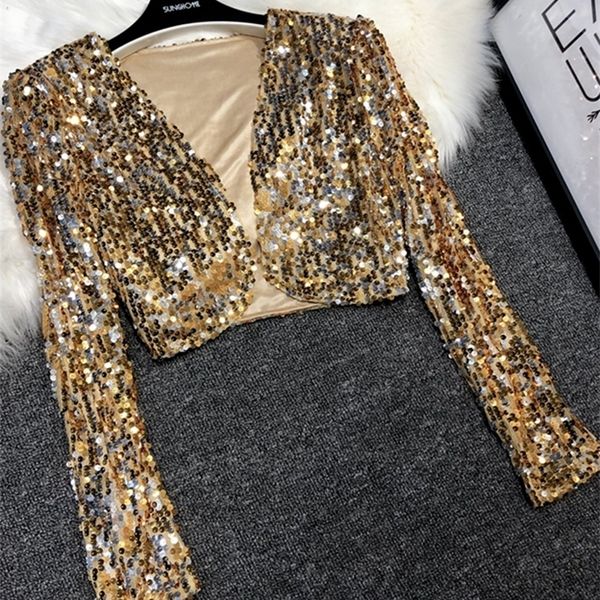 Vestes Femmes Paillettes Patch Veste Femmes Printemps À Manches Longues Or Argent Brillant Crop Top Dance Party Coréen Slim Point Ouvert Femelle 220919