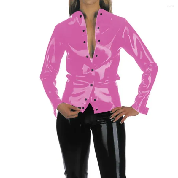 Jackets para mujeres Botón sexy Faux Faux Leather Chaqueta Mujeres Wetlook Wetlow PVC Camisa de manga larga Vinyl Slim Clube