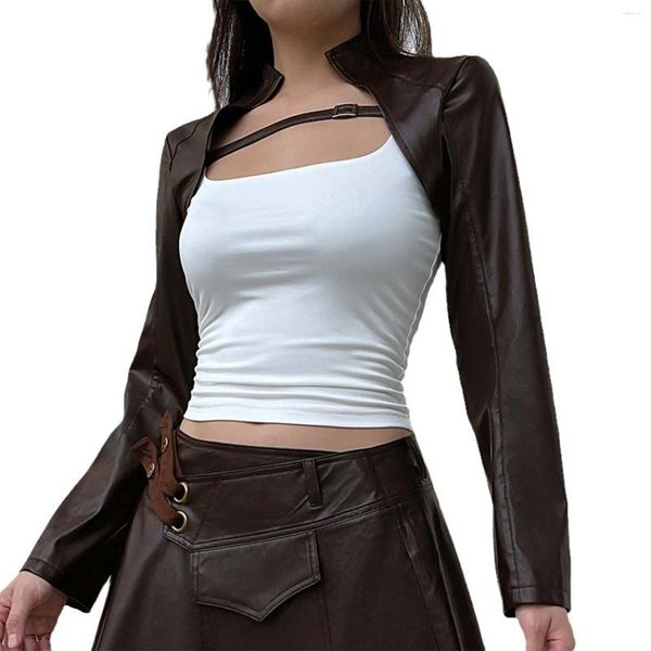 Vestes pour femmes Sexy recadrée en simili cuir à manches longues veste de moto vintage court ouvert avant pu