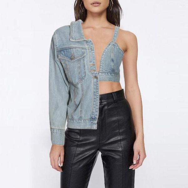 Chaquetas de mujer Sexy fuera del hombro Personalidad Jean Top Moda Asimétrica Bralette Tipo Chaqueta de mezclilla 2023 Europa Estados Unidos Estilo Mujer