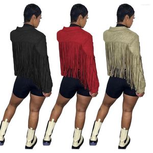 Damesjassen Sexy Tassel Velvet Short Jacket Vrouw Lange mouw Tijden Down Collar Zipper omhoog Top High Street Outerwear Winter kleding