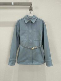 Damesjacks Shirt Style Sky Blue Jacket for Women Hoge kwaliteit losse fit vast borduurwerk revers Button Belton Belt Coat Lady 2024