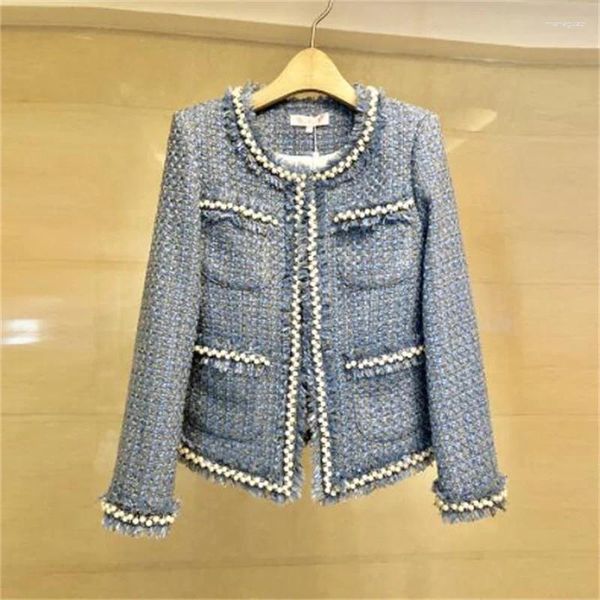 Vestes Femmes Manteau Court Femmes Petit Printemps Automne Col Rond Tout Match Auto-culture Dames Tweed Perlé Bleu Beige