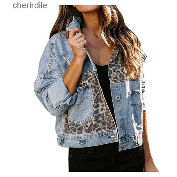 Chaquetas de mujer Chaquetas de mezclilla cortas para mujer Abrigo de retales con estampado de leopardo Mujer Casual Damas Jean Bomber Talla grande XL 240301