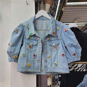 Damesjassen Korte Puff Sleeve Diamond Denim Jacket voor vrouwen 2023 Lente zomer losse hoge taille All-matching Top Jean Coat Lady