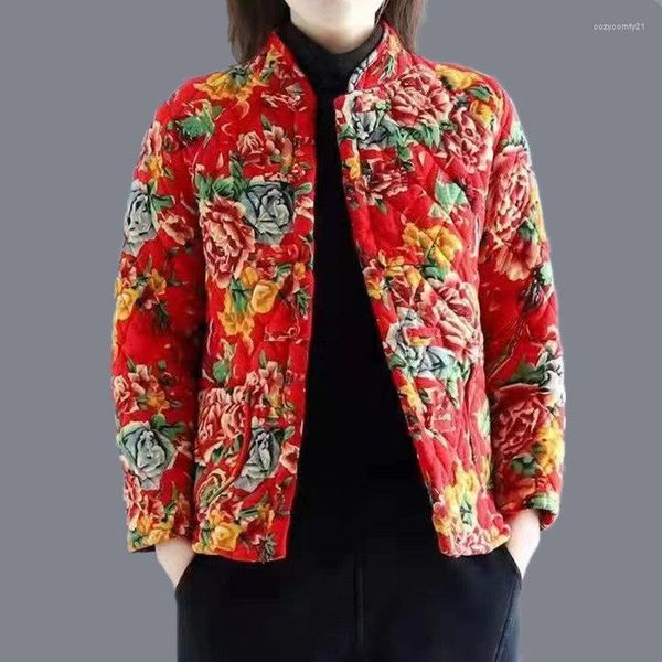 Chaquetas de Mujer, chaqueta acolchada de algodón con flores grandes Retro corta para Mujer, abrigo acolchado grueso de peonía de estilo chino para Otoño e Invierno para Mujer