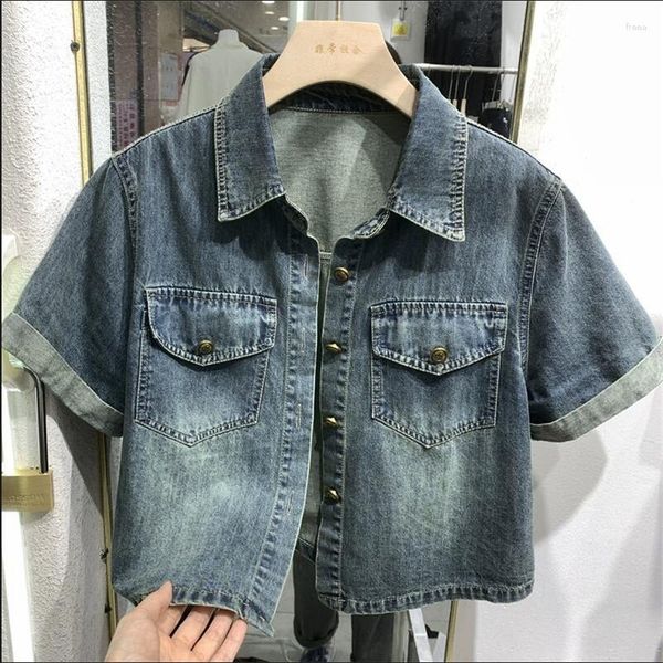 Chaquetas de mujer Manga corta Slim Wash Blue Denim Shirt Mujeres Verano Vintage Moda Chaqueta delgada Little Jeans Chic Crop Top Streetwear