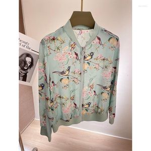 Chaquetas de seda de alta calidad con estampado de flores para mujer, chaqueta Bomber para mujer, ligera con cremallera, prendas de vestir de inspiración informal, Tops