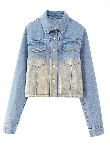 Chaquetas de mujer abrigo recortado de un solo pecho chaqueta abrigos de calle Y2k Tops Tie Dye moda Denim para mujer solapa manga larga